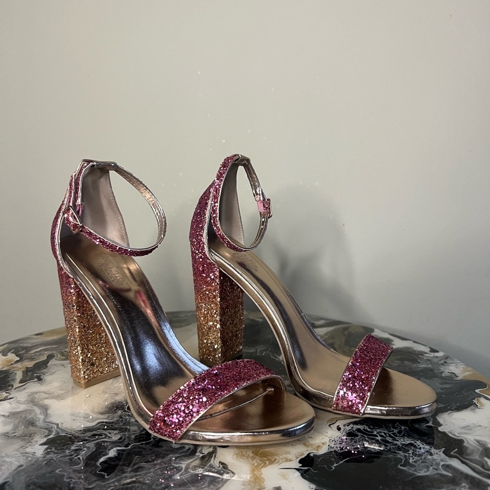 Pink gold glitter heeled sandals